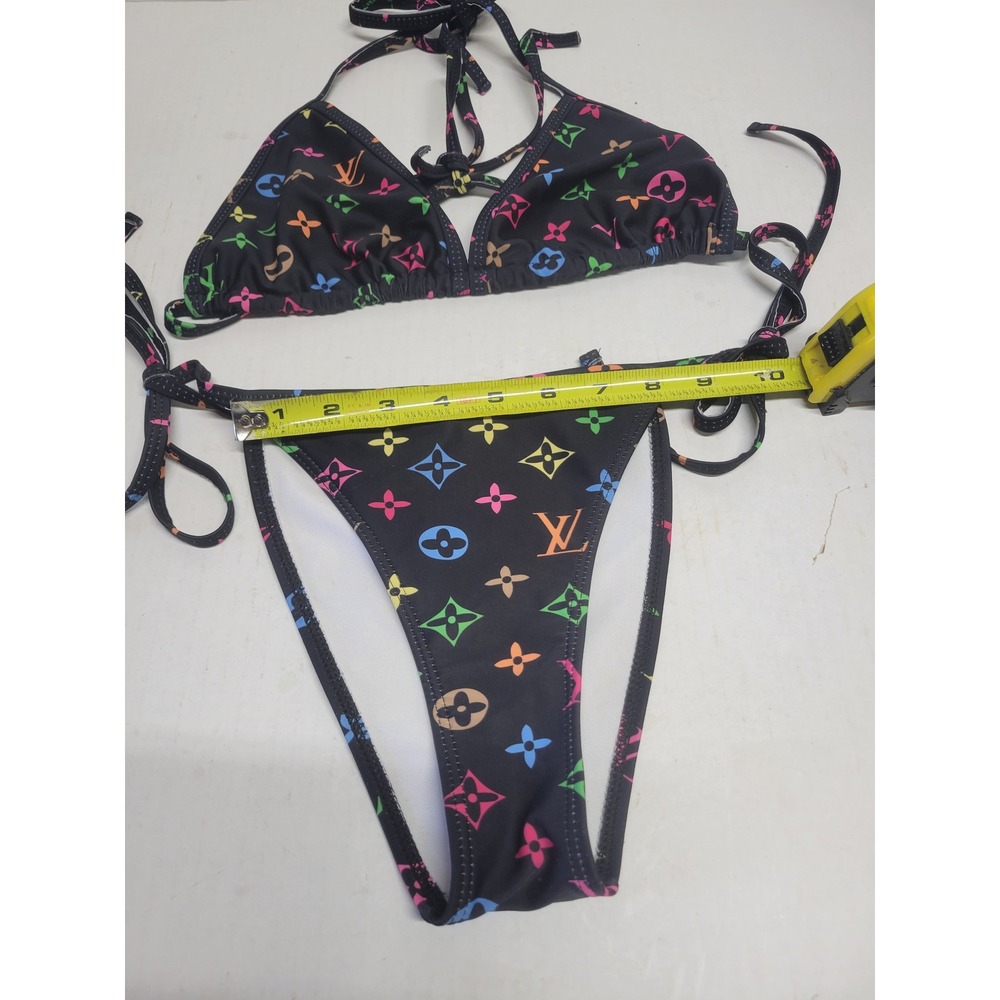 Louis Vuitton Multicolor Monogram Triangle Bikini Set Black RW201B Size M - Picture 4 of 11
